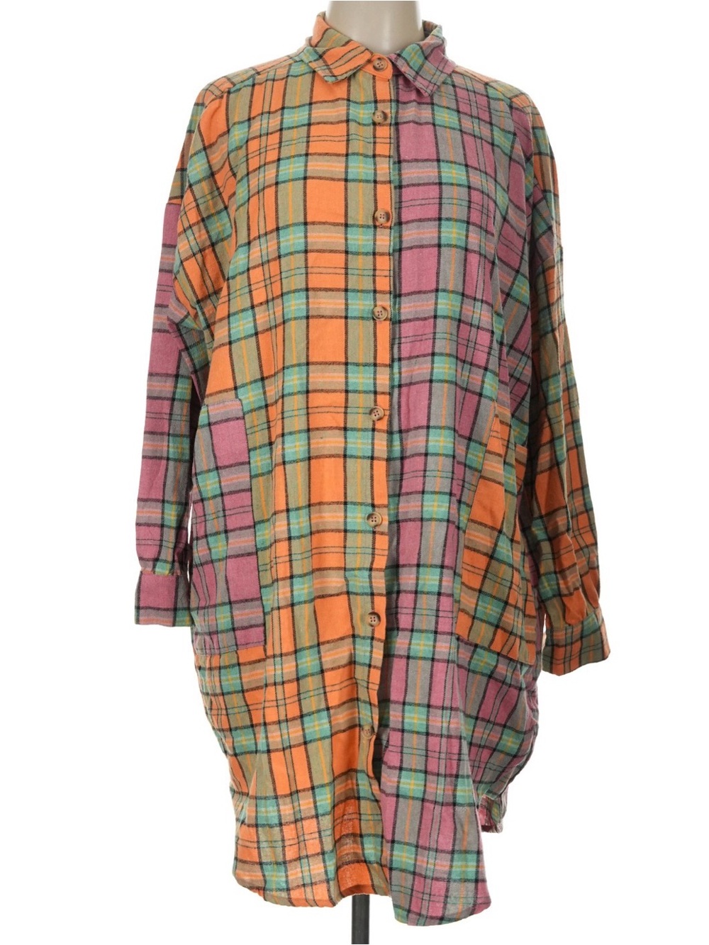 DAVI & DANI Multicolor Plaid Button-Front Tunic Dress - Orange, Pink, Teal